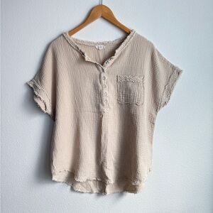 La Miel Cotton Gauze Henley Top Oversize Raw Edge Boho Blouse size S
